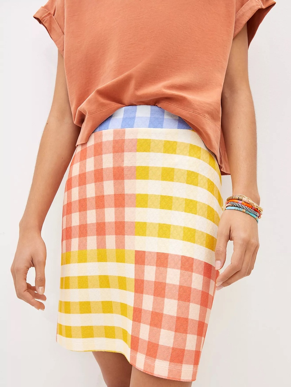 FARM RIO Anthropologie Gingham Patchwork Print Mini Skirt XL